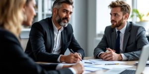 Attorney consulting with business owners in an office.